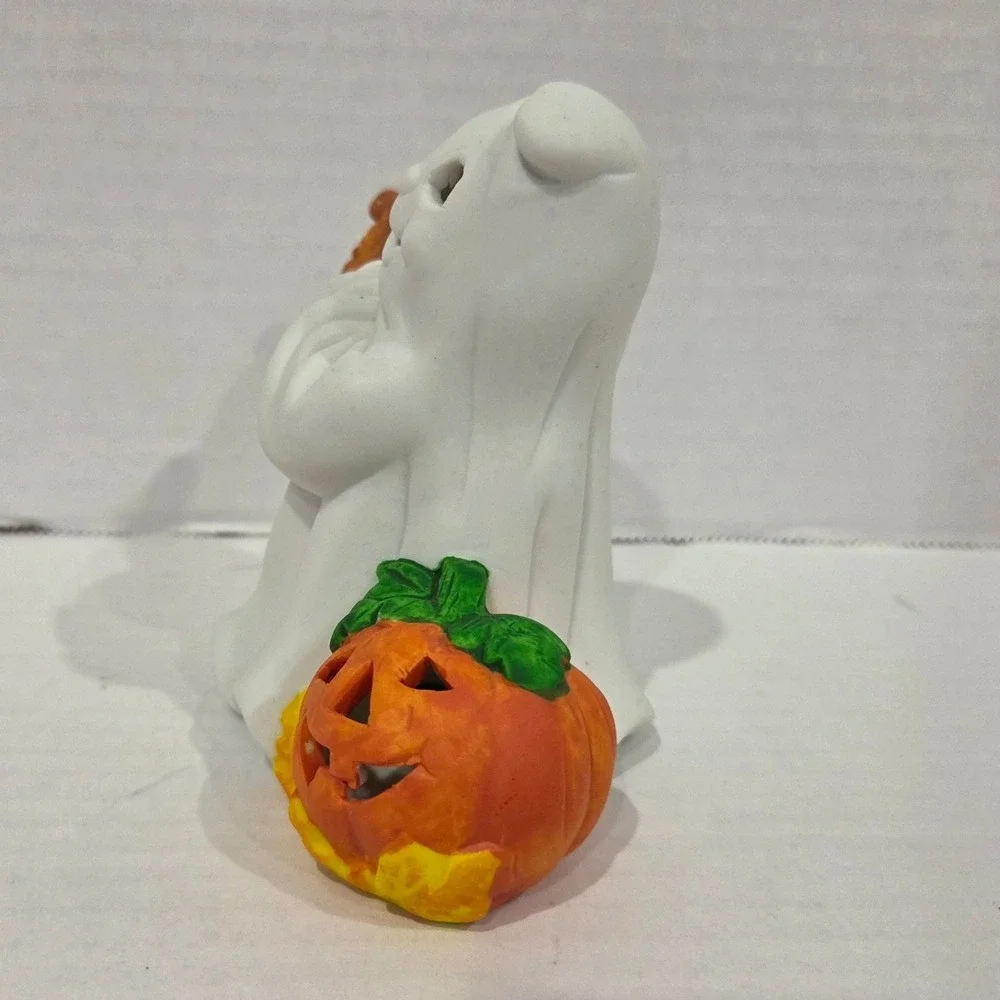 Matte White Porcelain Halloween Ghost Figurine Playing Harp 4 inch Decor